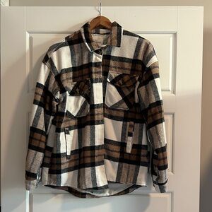 Thread & Supply Women's Plaid Shacket - Black, White, and Brown